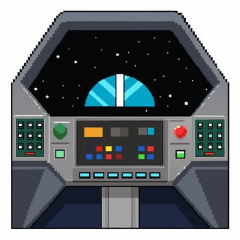 Pixel Art Spaceship Cockpit with Stars Retro Gaming Spacecraft Control Panel Design vector