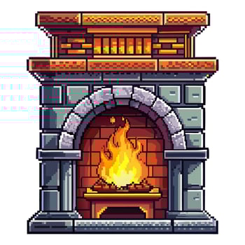 Retro Pixel Art Fireplace with Bright Flames in a Cozy Stone Setting vector