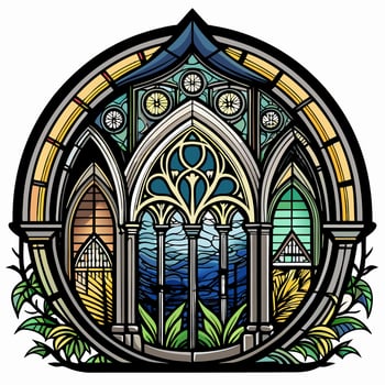 Vibrant Stained Glass Window Featuring Gothic Architecture and Nature Elements vector