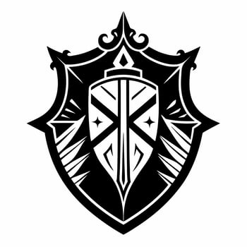 Intricate Heraldic Shield with Sword Emblem in Black and White Illustration vector