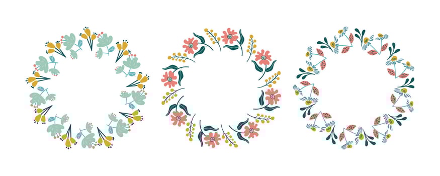 Spring floral circle frame set. Hand drawn botanical wreaths featuring branches, leaves, and flowers. Isolated illustrations perfect for wedding invitations, cards, and logos vector