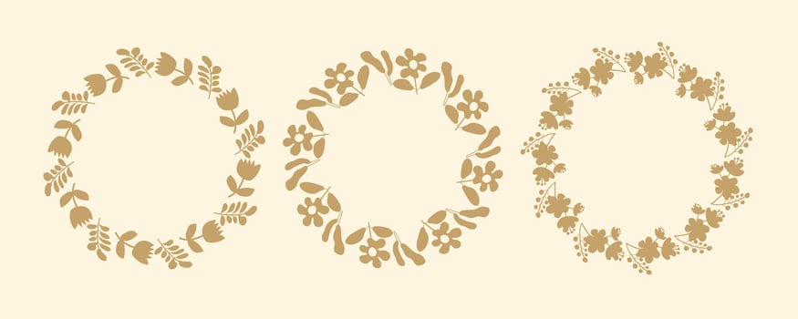 Hand drawn botanical wreaths featuring branches, leaves, and flowers.Set of simple floral circle frames.Isolated illustrations, perfect for wedding invitations, cards, poster templates. vector