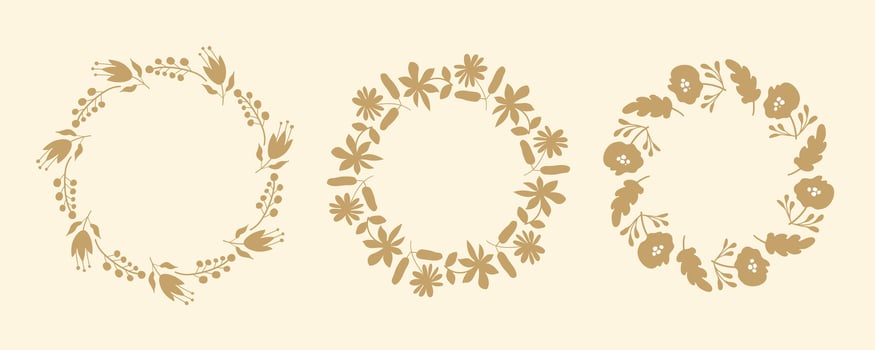 Set of floral circle frames. Hand drawn botanical wreaths featuring branches, leaves, and flowers. Isolated illustrations, perfect for wedding invitations, cards, poster templates vector
