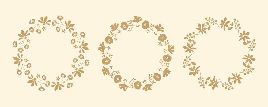 Set of simple floral circle frames. Hand drawn botanical wreaths featuring branches, leaves, and flowers. Isolated illustrations, perfect for wedding invitations, cards, poster template vector