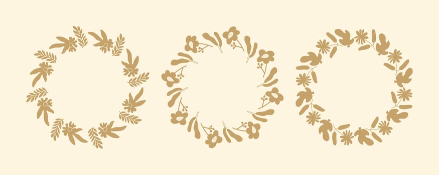 Set of simple floral circle frames. Hand drawn botanical wreaths featuring branches, leaves, and flowers. Isolated illustrations, perfect for wedding invitations, cards, poster templates. vector