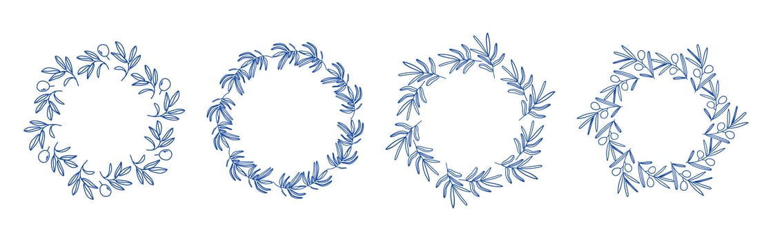 Blue olive branches circle frame set. Circular frames with branches. Hand drawn collection of olive leaves and decorative elements. Perfect for wedding invitations, cards, logo design, and pos vector