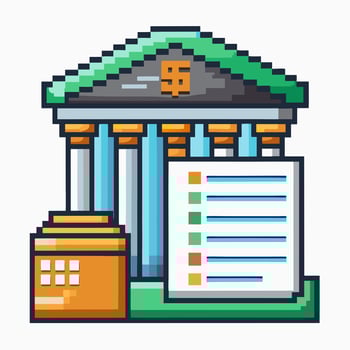 Retro Pixel Art Bank Icon with Financial Document and Dollar Symbol vector