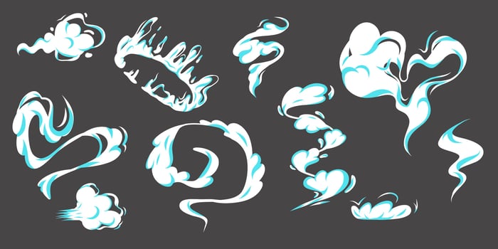 Cartoon smoke clouds set. white steam, mist, aroma or toxic vapor puffs. Dusty, flowing smoke elements for design vector