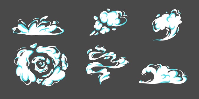 Cartoon smoke clouds set. white steam, mist, aroma or toxic vapor puffs. Dusty, flowing smoke elements for design, effects vector