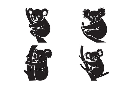 Cute Koala Bear Silhouette Set Climbing Tree Animal Illustration vector