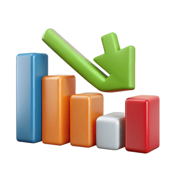 dramatic industrial Downward trending arrow chart with percentage markers. Clean lines, flat color, minimal design with Scalable Design. high resolution png