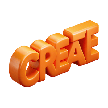 bold dazzling CREATE in a minimal, flat orange font. Sharp edges with Scalable Design. 8K png