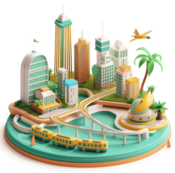 Colorful stylized cityscape model on a circular platform. png
