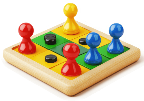 Colorful game pieces strategically positioned on a wooden game board. png