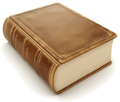 Vintage leather-bound book resting on a white surface. png