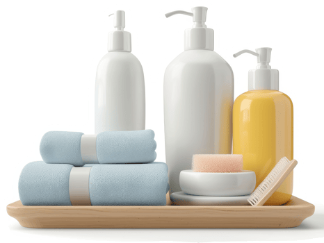 Spa toiletries displayed on a wooden tray. png