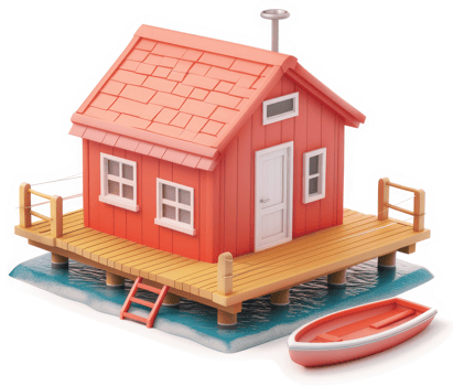 Colorful wooden house on a floating dock by the water. png