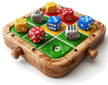 Colorful wooden dice game set on a partitioned board. png
