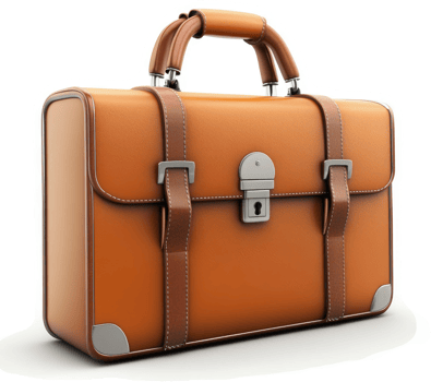 Classic, tan leather briefcase with secure clasp. png
