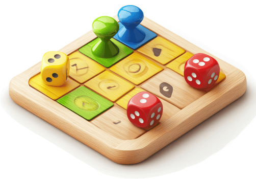 Colorful wooden game board with dice and game pieces. png