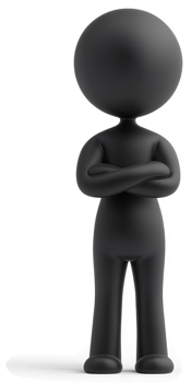 A black, 3D person stands with arms crossed. png