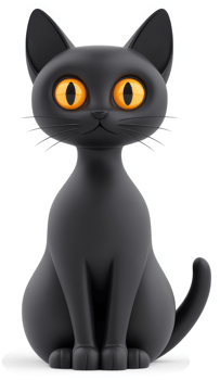 Cartoon black cat with large orange eyes. png