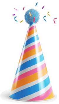 Striped party hat with colorful pompom and confetti. png