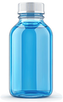 Clear blue liquid medicine bottle with silver cap. png