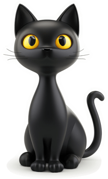 Cute black cartoon cat with large yellow eyes. png