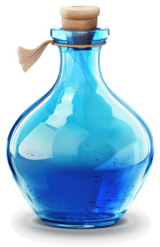 Mystical blue potion in a glass blue bottle. png