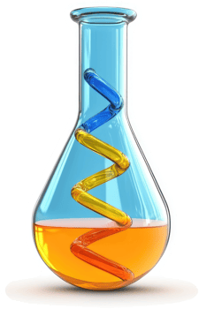 Colorful laboratory flask with a double helix DNA model. png