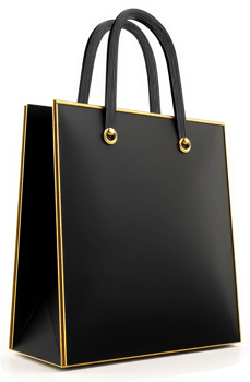 Empty black shopping bag with gold trim. png