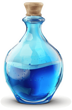 Mysterious blue potion in a glass bottle. png