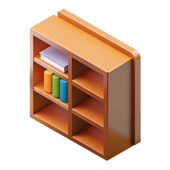 serene contemporary Scalable isometric bookshelf, sharp edges, brown with Scalable Design. crisp png