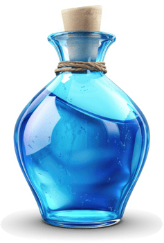 Mystical blue liquid potion in a vintage glass bottle. png