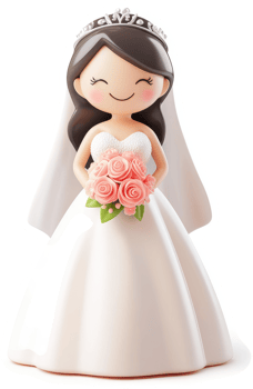 Smiling bride figurine with a tiara and bouquet. png