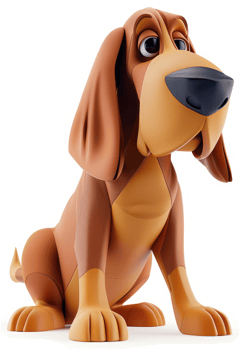 Animated hound dog character, seated and looking upward. png