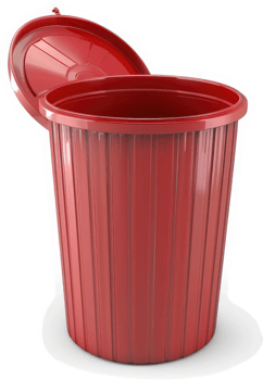 Empty red plastic trash receptacle with open lid. png