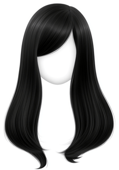 Long, sleek black hair styled with a side fringe. png