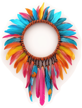 Vibrant, colorful feather circle with hanging strands. png