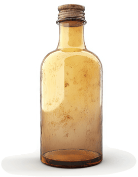 Vintage amber glass bottle with a cork top. png