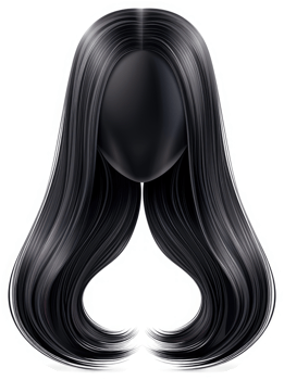 Glossy, black, long layered wig on a mannequin head. png