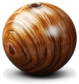 Ornate, spherical bowling ball showcasing a wood grain design. png