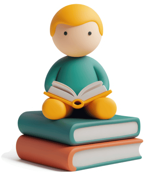 Smiling child sits atop stacked books, engrossed in reading. png