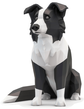 Polygonal border collie design, sitting in profile view. png