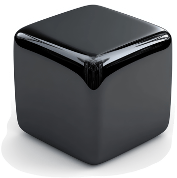 Polished black cube sits on a white background. png