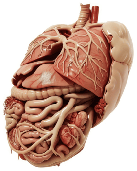 Detailed anatomical illustration of the human torso's internal organs. png