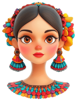 Vibrant illustration of a stylized female portrait with traditional adornments. png