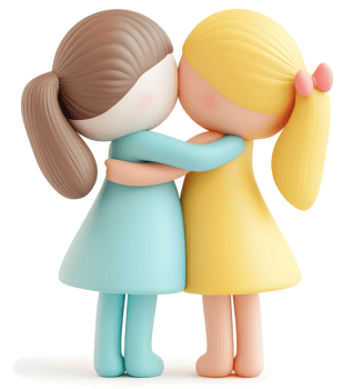 Two cartoon girls embrace in a sweet friendship display. png