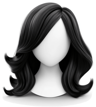 Black, wavy hair styled on a mannequin head. png